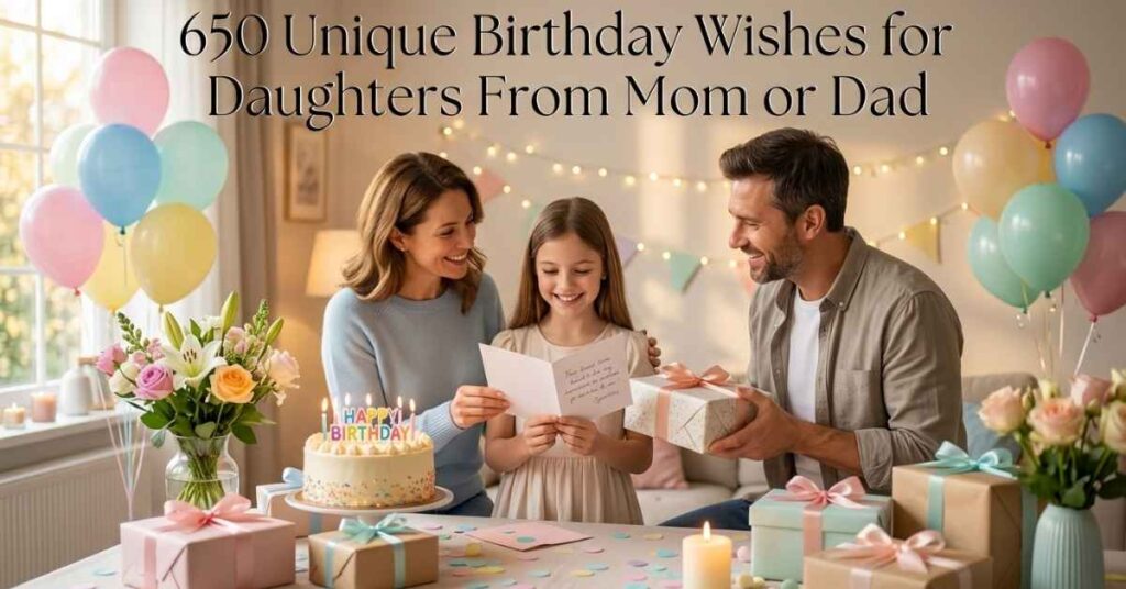 Create a premium 16:9 blog featured image for a birthday wishes article. Show a joyful birthday celebration with a smiling daughter receiving a heartfelt birthday card and gift from her mom and dad. Include colorful balloons, birthday cake with candles, wrapped presents, fresh flowers, confetti, soft golden lights, and a warm family atmosphere. The daughter should look happy while her parents lovingly celebrate with her. Use bright pastel colors, realistic photography style, ultra-detailed 4K quality, warm natural lighting, and a cheerful birthday setting. Write this title on the image: "650 Unique Birthday Wishes for Daughters From Mom or Dad". Image Prompt 1 – Heartfelt Birthday Wishes Prompt: A loving mother and father hugging their daughter during her birthday celebration, birthday cake, balloons, wrapped gifts, fresh flowers, warm family smiles, cozy home setting, realistic photography, high resolution, no text. Image Prompt 2 – Short Birthday Wishes Prompt: A beautiful birthday card beside a decorated birthday cake, colorful balloons, ribbons, fresh flowers, candles glowing, elegant party table, bright natural lighting, realistic style, ultra HD, no text. Image Prompt 3 – Funny Birthday Wishes Prompt: A happy family laughing together during a birthday party, daughter wearing a birthday hat, balloons, confetti, cake, playful celebration, colorful decorations, realistic photography, joyful atmosphere, no text. Image Prompt 4 – Birthday Wishes from Mom Prompt: A caring mother embracing her daughter while giving her a birthday gift, emotional family moment, soft morning sunlight, birthday decorations, elegant home interior, realistic photography, ultra detailed, no text. Image Prompt 5 – Birthday Wishes from Dad Prompt: A proud father presenting a birthday gift and flowers to his smiling daughter, birthday cake nearby, balloons, warm family celebration, realistic lifestyle photography, high detail, no text. Image Prompt 6 – Inspirational Birthday Wishes Prompt: A confident young woman celebrating her birthday while looking at the sunrise with balloons and flowers nearby, hopeful mood, soft golden light, elegant outdoor setting, realistic photography, no text. Image Prompt 7 – Birthday Quotes for Daughter Prompt: A beautifully decorated birthday table with a cake, flowers, candles, wrapped presents, greeting card, fairy lights, elegant party decorations, warm and festive atmosphere, realistic photography, no text. Image Prompt 8 – Birthday Messages for Every Age Prompt: A heartwarming collage-style birthday celebration showing a daughter as a child, teenager, and adult celebrating birthdays with her parents, balloons, cakes, gifts, smiles, family love, realistic style, vibrant colors, ultra HD, no text.